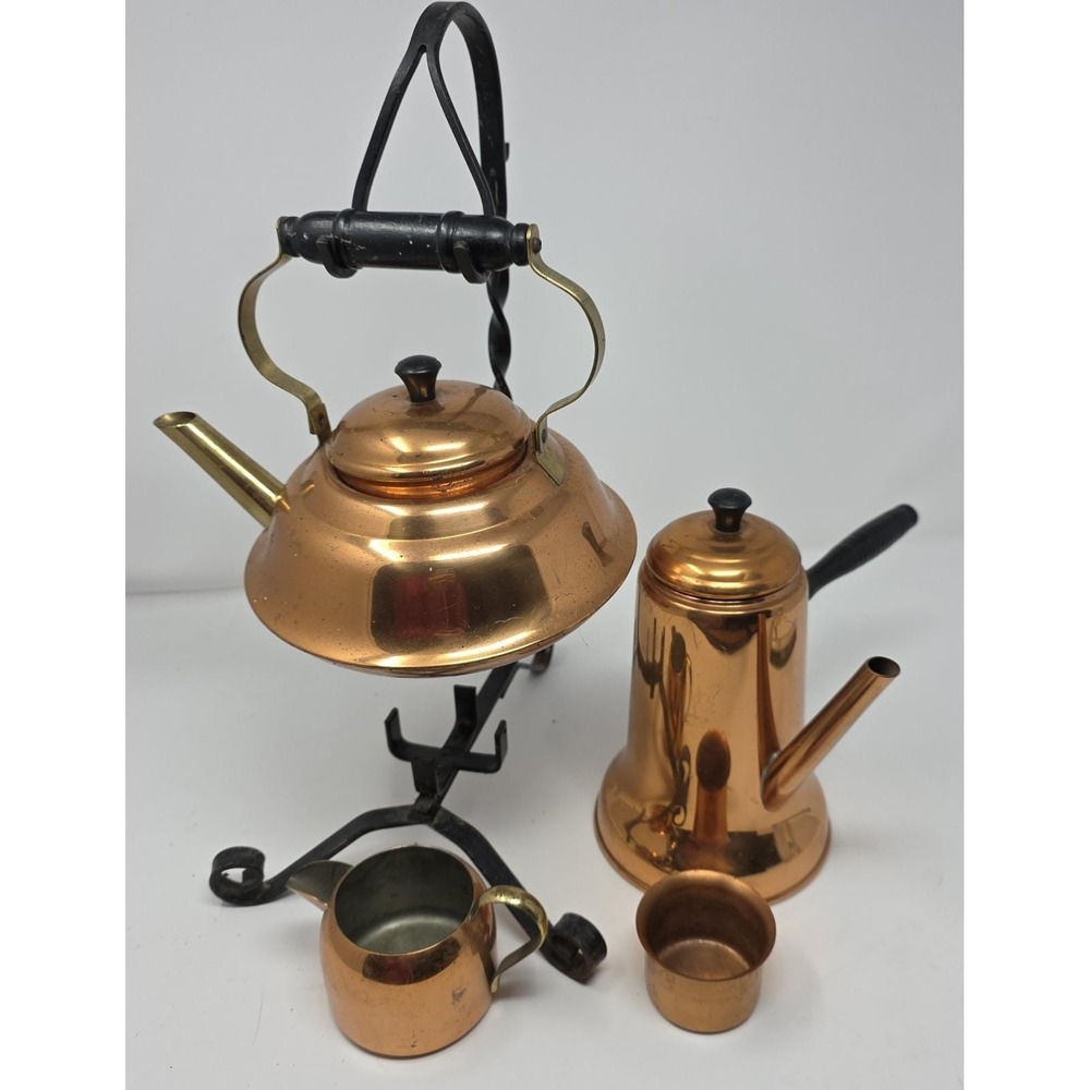 Coppercraft Guild Tea Coffee Set Copper Brass Iron Stand Tray‎ Vintage 6pc Set